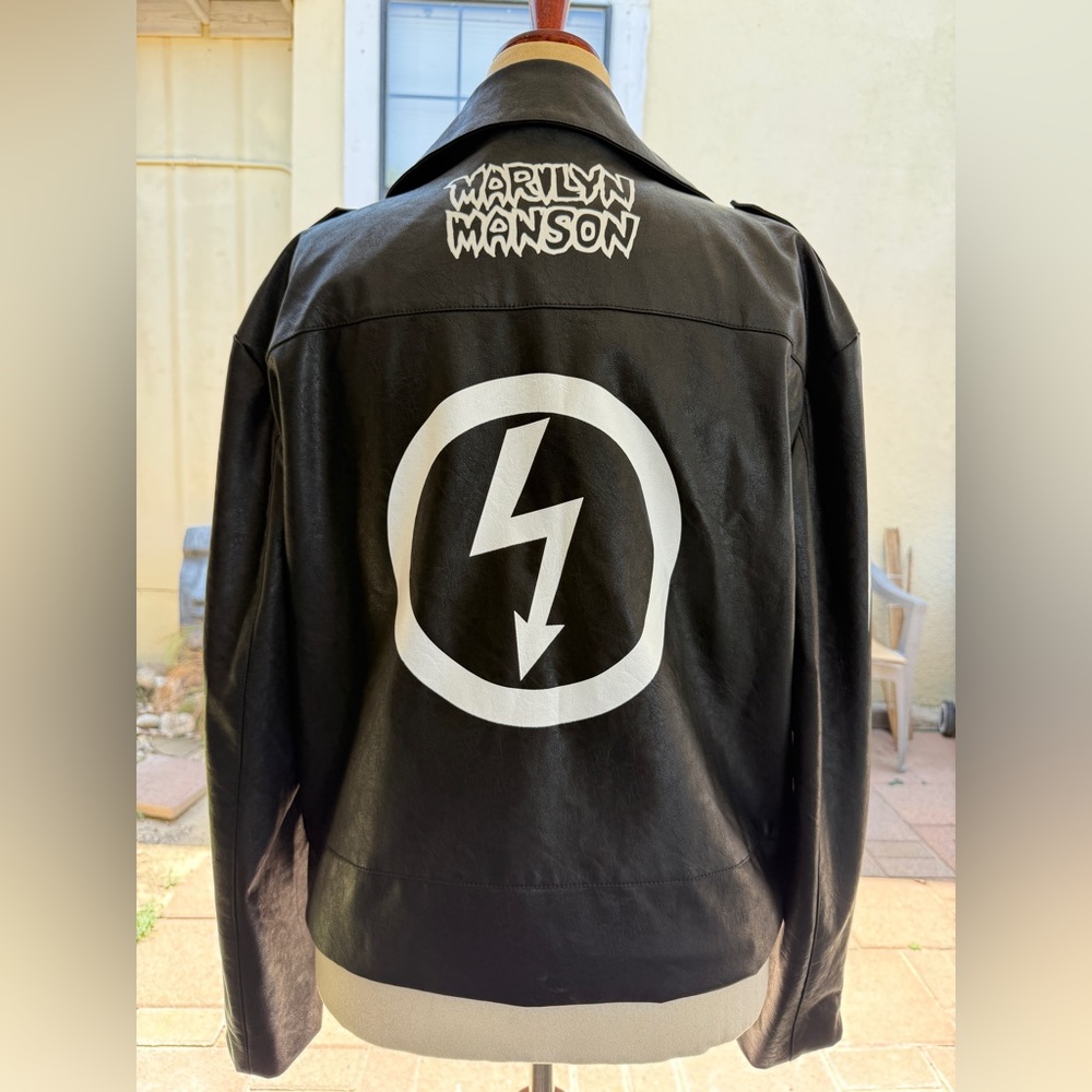 Dolls Kill X Marilyn Manson Collab Faux Moto Jacket Print Graphic Zip Coat Metal - Picture 2 of 7